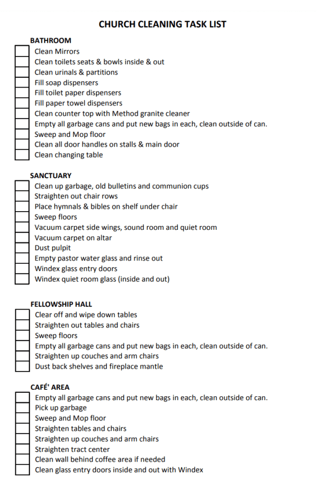 Church Cleaning Task List Template