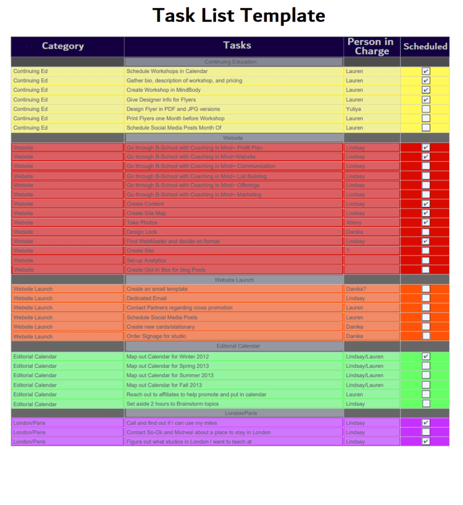 Task List Template Excel