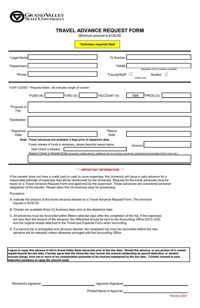 Travel Advance Request Template