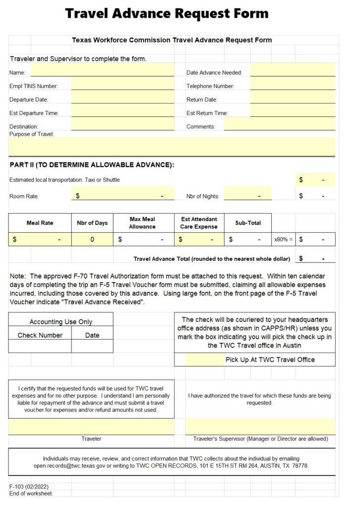 Travel Advance Request Form Excel